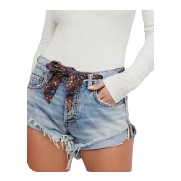 Free People Pants - We the Free People Scarf Belt Button Fly Jean Shorts 26 Light Fringe Fray Cuffed